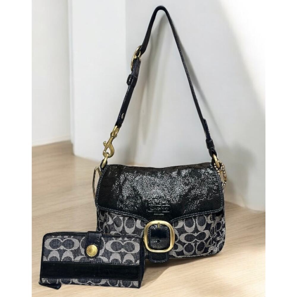 Y2K Coach 12572 Signature Denim Bleecker Flap Bag & Matching Large Wallet